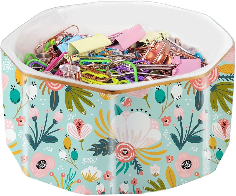 LEAZUL Ceramic Paper Clip Holder Gold Line Paper Clip Dispenser Organizer for Desk Cute Floral Pattern Office Binder Clip Holder Bobby Pin and Hair Clip Holder Gift for Office Mint Flowers - Image 1